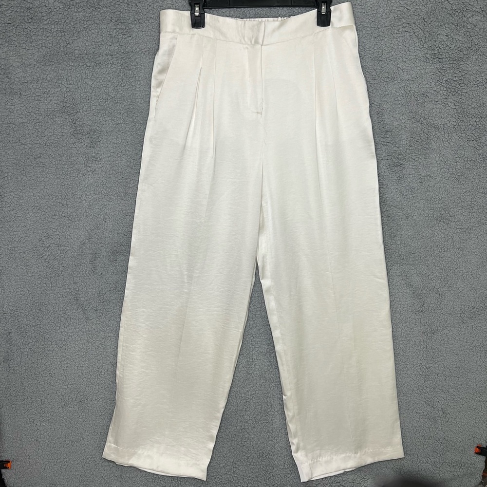 Vince Camuto Womens Wide Leg Pants Pleated Satin Pearl White Elastic Waist Sz 10